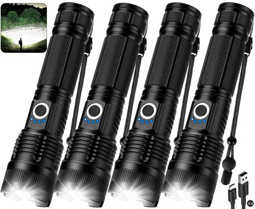 ALSTU 4 Pack Rechargeable LED Flashlight 990,000 Lumens, Adjustable with 5 Modes, IPX7 Waterproof, Handheld Flash Light for Camping Hiking Emergency Home Use (Black)