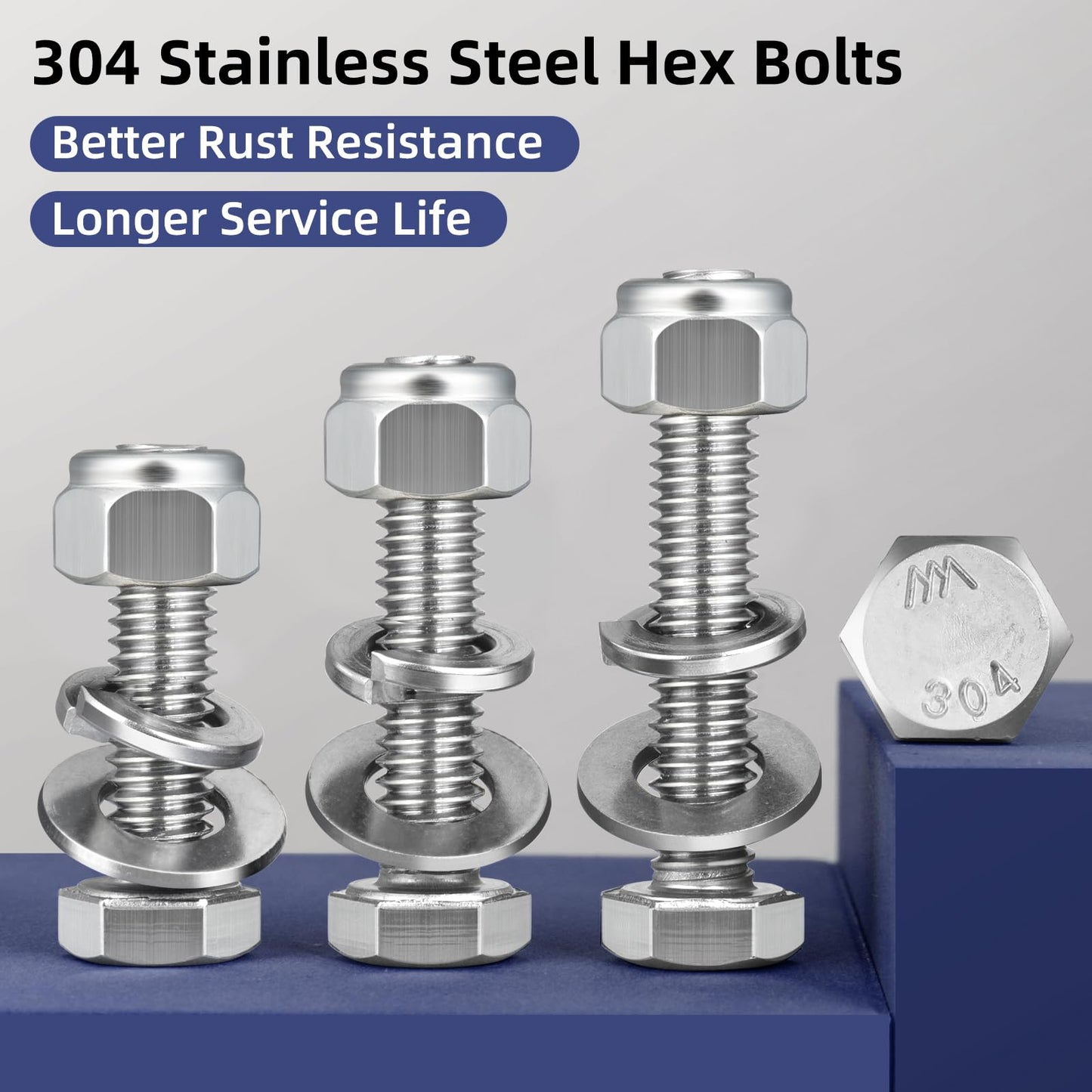 BNUOK (8 Sets) 3/8-16 x 2 Hex Head Screw Bolt,Lock Nuts,Flat & Lock Washers Kits,304 Stainless Steel 18-8,Fully Threaded