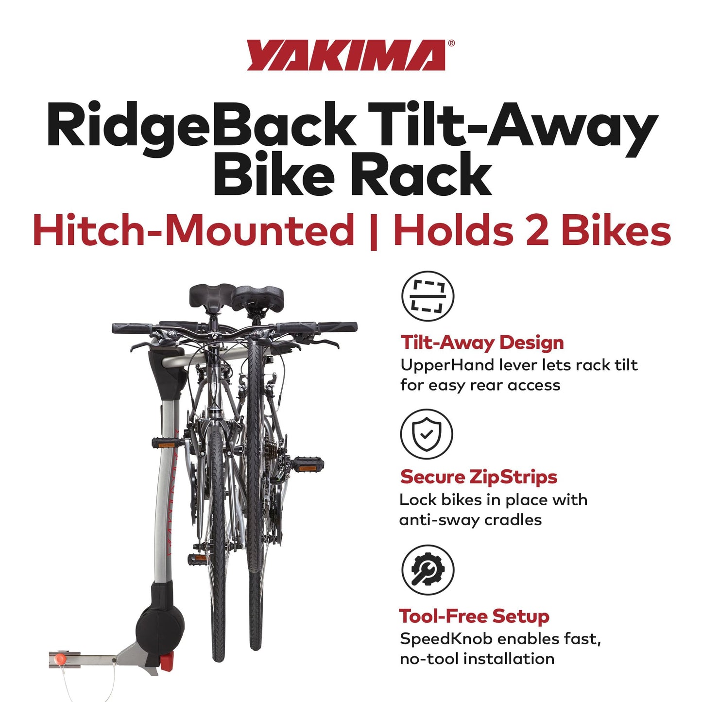 Yakima RidgeBack Tilt Away Hitch Bike Rack Carries Up to 2 Bikes, Fits 1.25 and 2 Inch Hitch Receiver for Cars, SUVs, and Trucks, Black