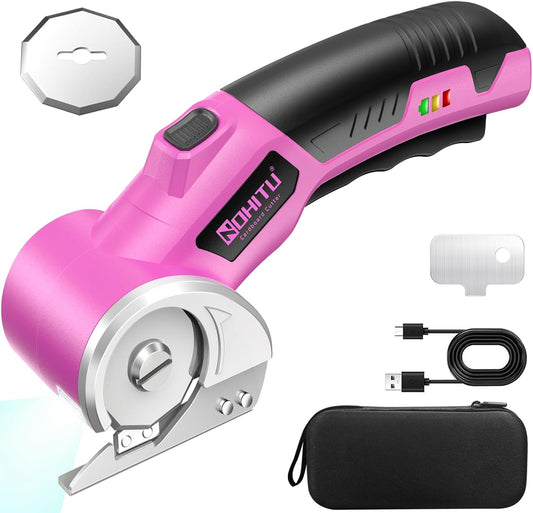 Rechargeable Cordless Electric Scissors - 4V Rotary Cutter with LED Light & 2 Blades for Fabric, Cardboard, and Plastic