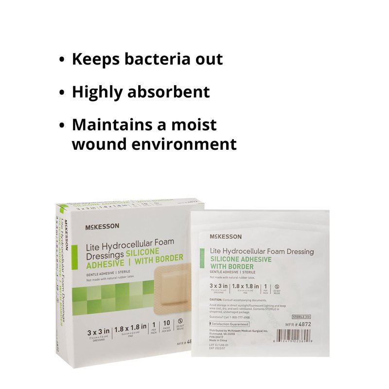 McKesson Lite Hydrocellular Foam Dressings, Sterile, Silicone Adhesive with Border, 3 in x 3 in, 10 Count, 1 Pack