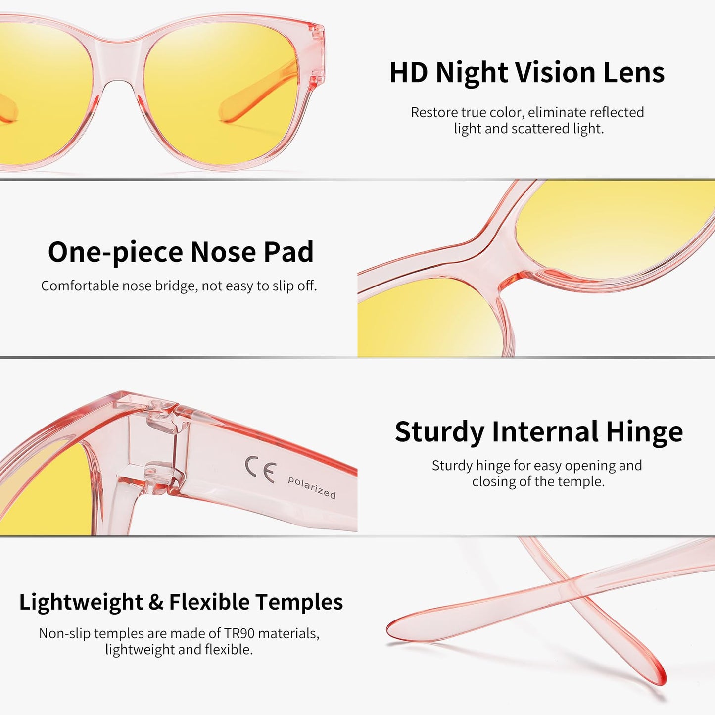 GEGURI Night Vision Driving Glasses Fit Over Glasses Women's Nighttime Eyewear Anti Glare Polarized with Yellow Lens