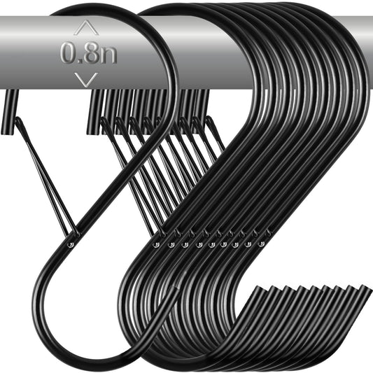 12 Pack Large S Hooks for Hanging Plants with Safety Buckle- Heavy Duty Solid Metal Steel Black S Shaped Closet Hooks for Hanging Plants, Kitchen Utensils, Jeans, Bags, Pots, 4 inch, Fit Most of Rod