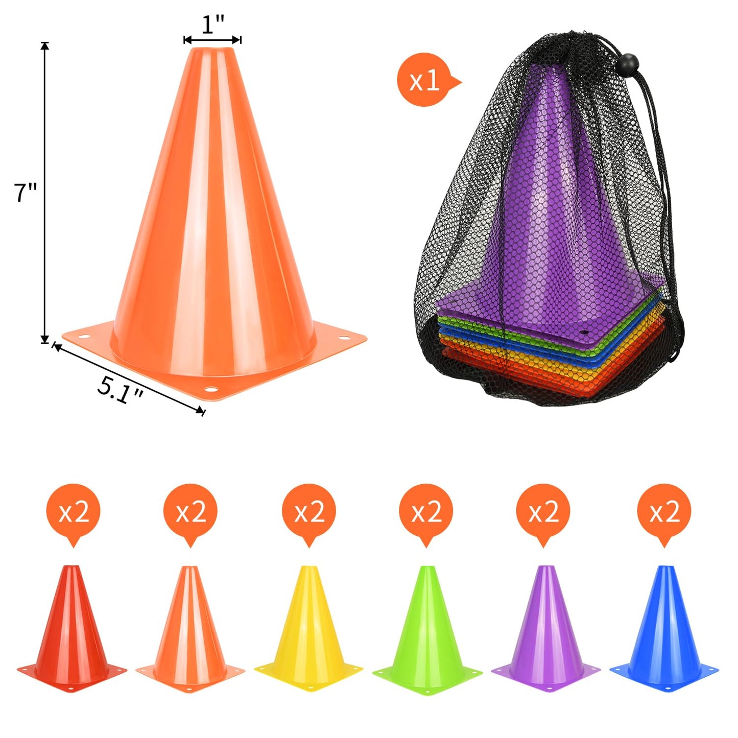 PXZBLG 12pcs 7 Inch Soccer Cones, Plastic Traffic Training Cones for Basketball Football Skating Drills Practice, 6 Colors
