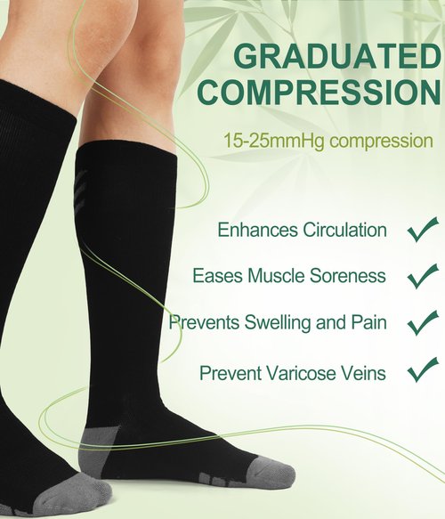 JODUCE Bamboo Viscose Compression Socks for Men & Women 3 Pairs,15-25 mmHg Knee-High Socks Support for Flying Travel Daily（Black,L/XL）