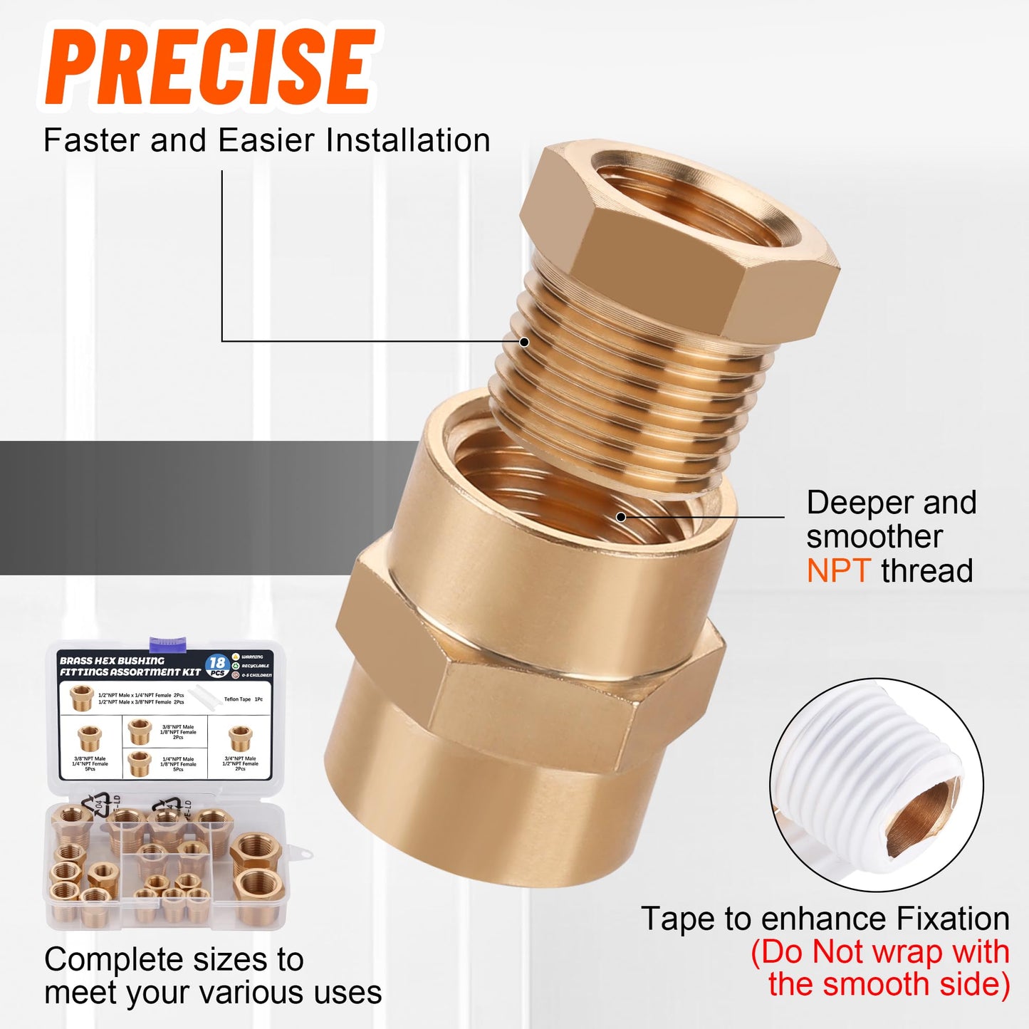 Ailbiuko 18PCS Brass Hex Bushing Fitting Kit,1/4" - 1/8", 3/8" - 1/8",3/8" - 1/4",1/2" - 1/4",1/2" - 3/8",3/4" - 1/2" NPT Pipe Fittings