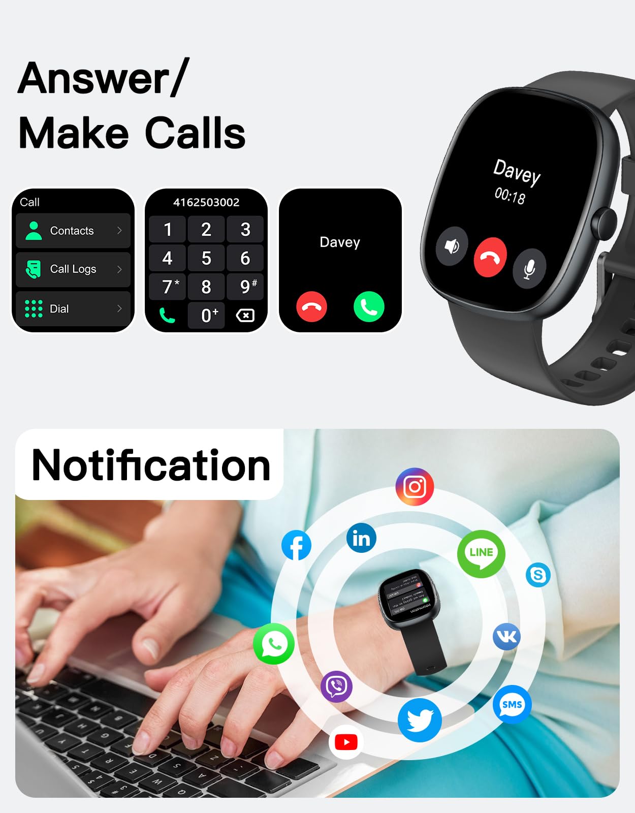 Fitness Trackers for Men Women with Bluetooth Call 24/7 Heart Rate & Blood Oxygen Monitor Sleep Tracker, Steps/Calories Counter Stopwatch/Timer/Alarm Clock, Pedometer for Walking Waterproof (Black)