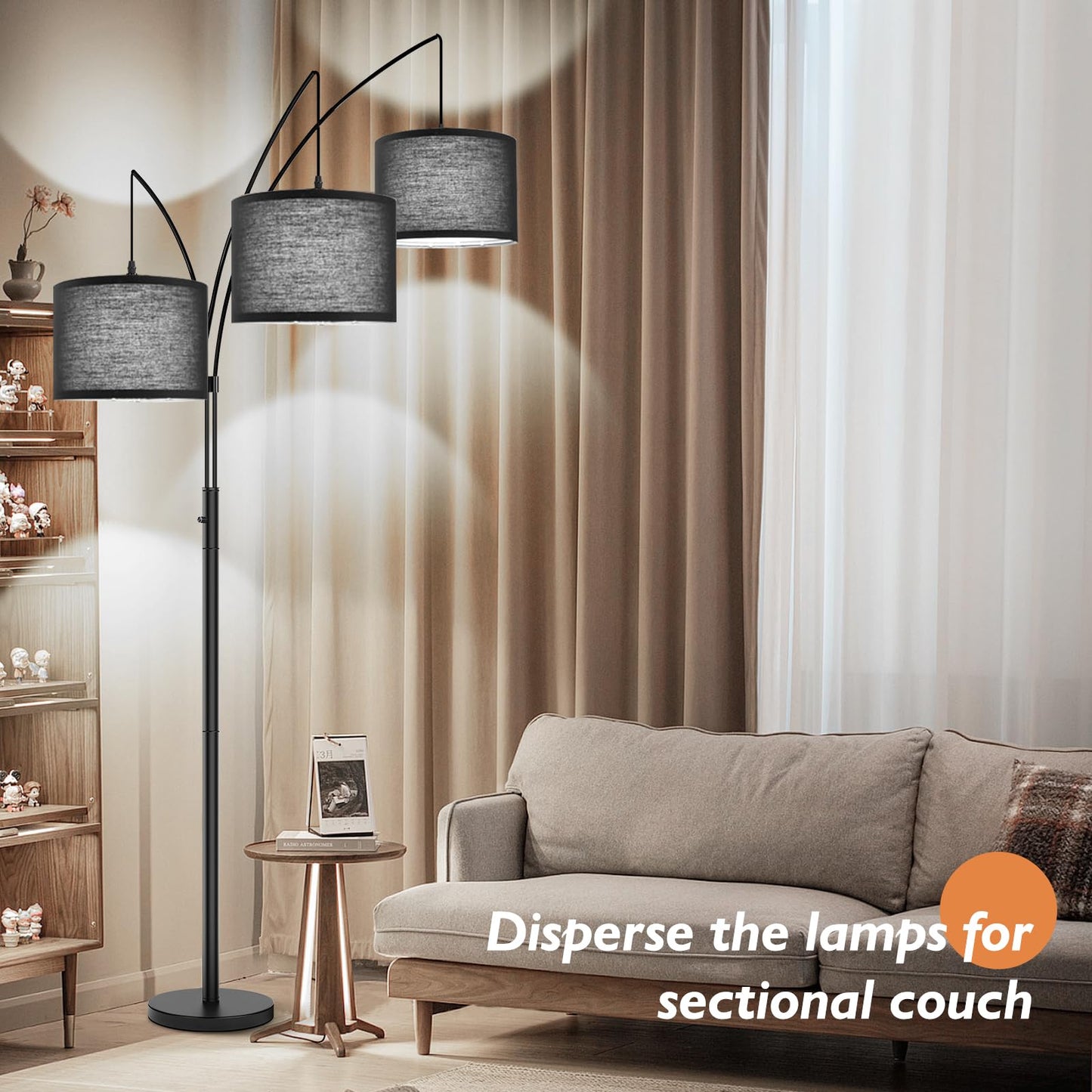 3 Lights Arc Floor Lamps for Living Room, Black Modern Tall Standing Lamp Hanging Over The Couch with Shades & Heavy Base,Mid Century Tree Floor Lamp for Bedroom Office