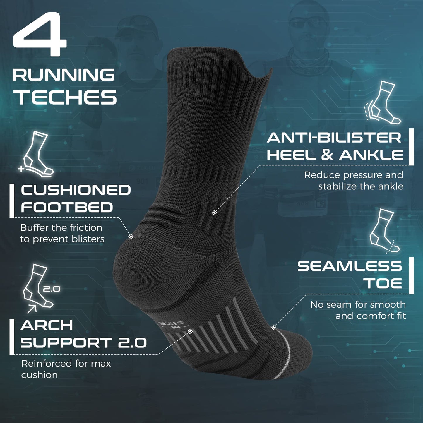 Rahhint Compression Running Socks 3 Pairs, Cushion Crew Socks, Anti-Blister Moisture Wicking Athletic Hiking Basketball Socks