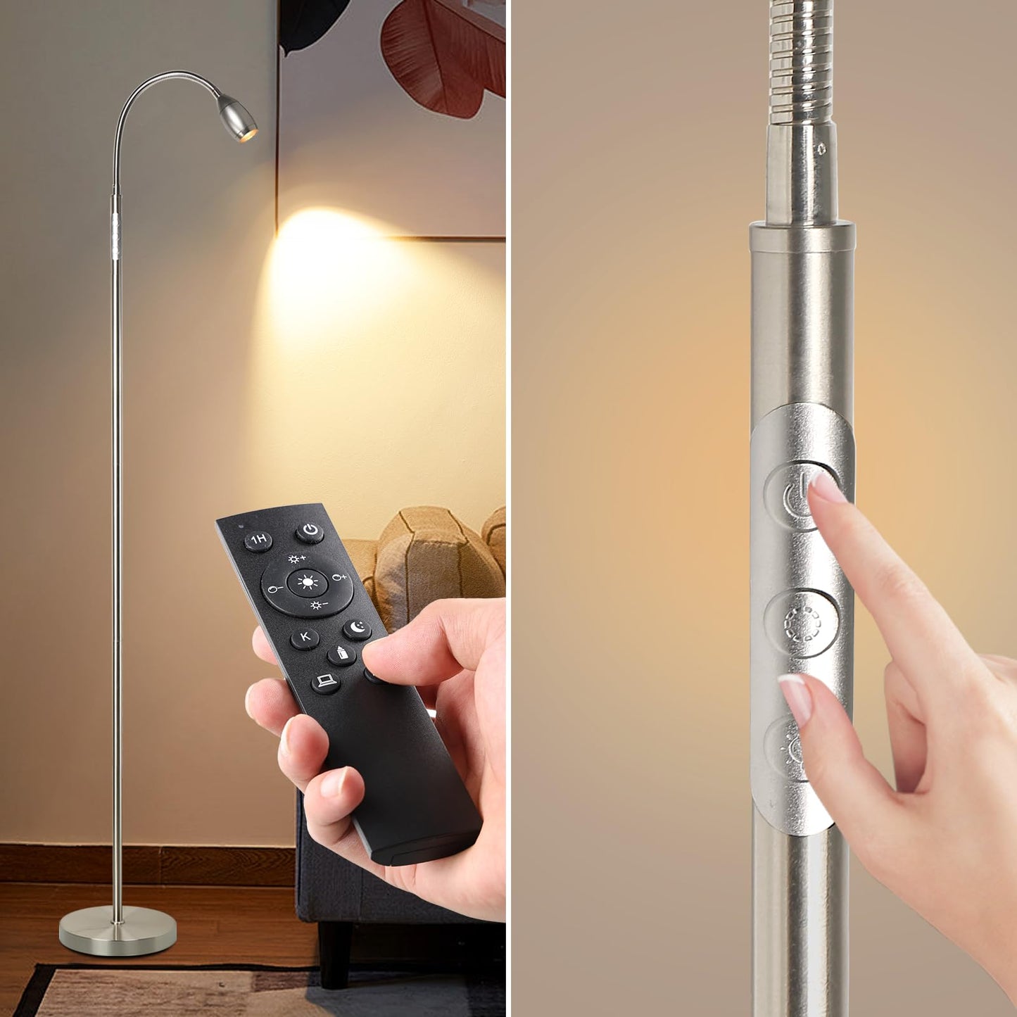 Reading Floor Lamp, 72" Tall LED Lamp with Flexible Gooseneck, Dimmable Zoomable Spotlight, Adjustable Color Beam Standing Lamp, Touch & Remote Control, Task Craft Bedroom Living Room (Brushed Nickel)