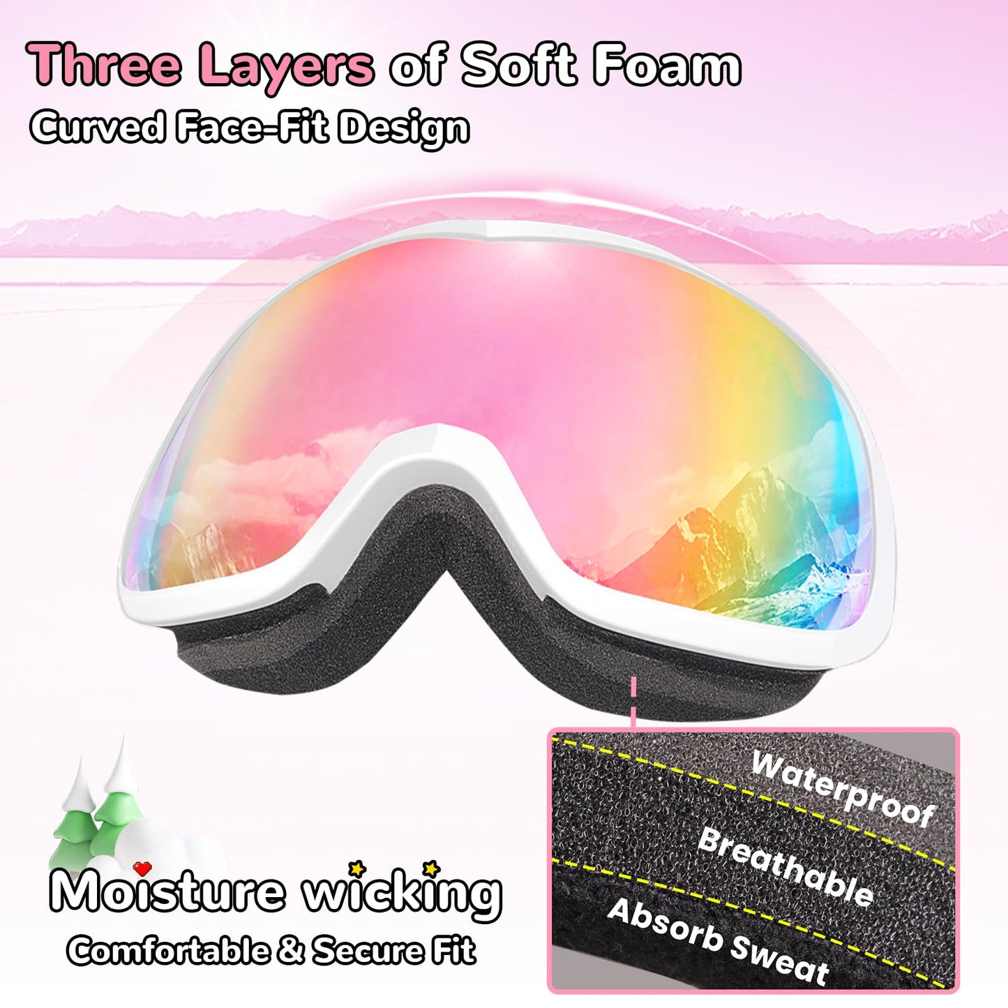 Keary Kids Ski Goggles for 3-14 6-14 Snowboard Goggles Snow Goggles Kids Toddler Boys Girls Youth Child Snowboarding Goggles UV Protection Anti-Fog Pink Winter Snow Sports with Helmet