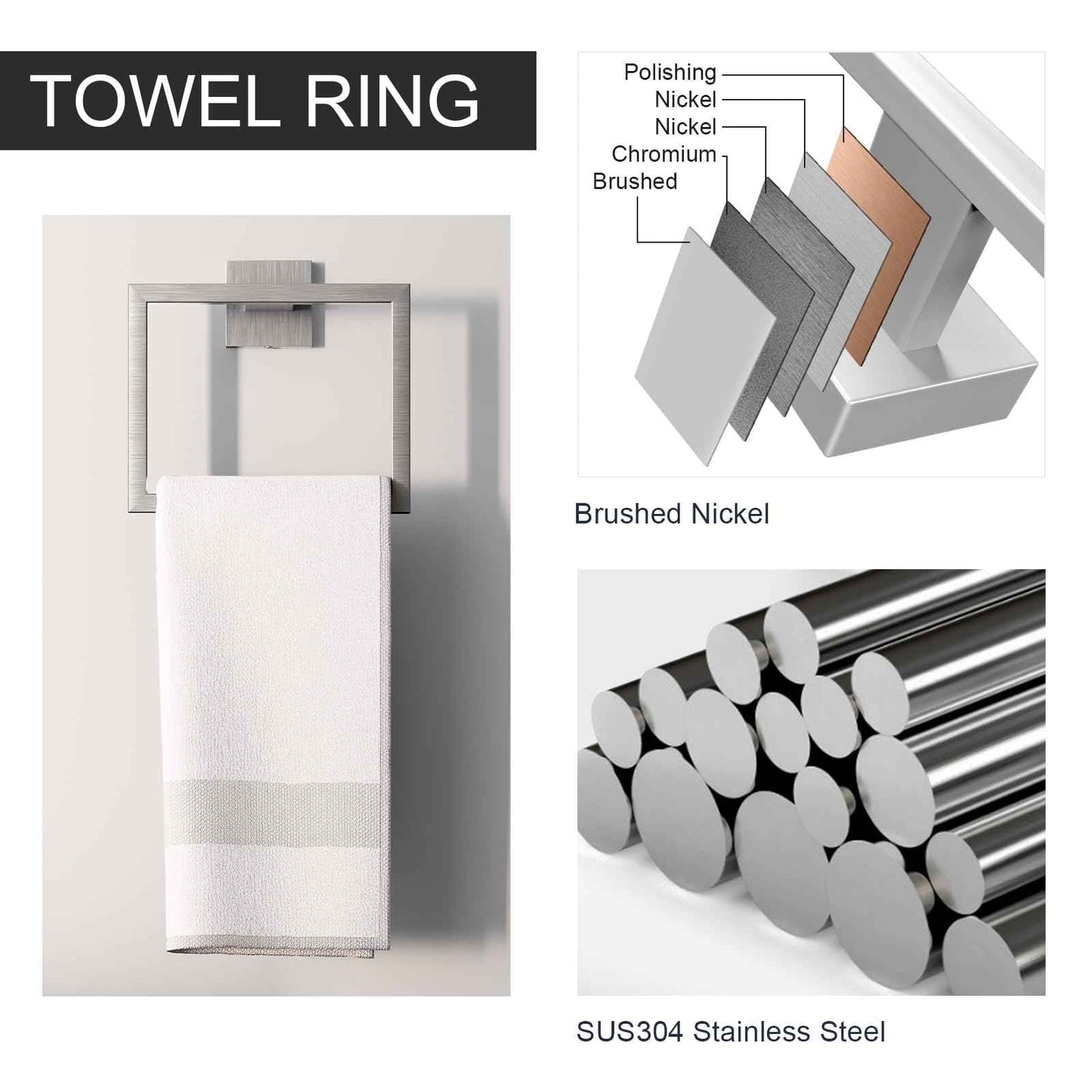 HAWKROWN 5-Pieces Bathroom Hardware Set, SUS304 Stainless Steel Wall Mounted 16 Inch Hand Towel Bar, Toilet Paper Holder, Towel Ring, Towel Hooks, Bathroom Towel Bar Set, Brushed Nickel