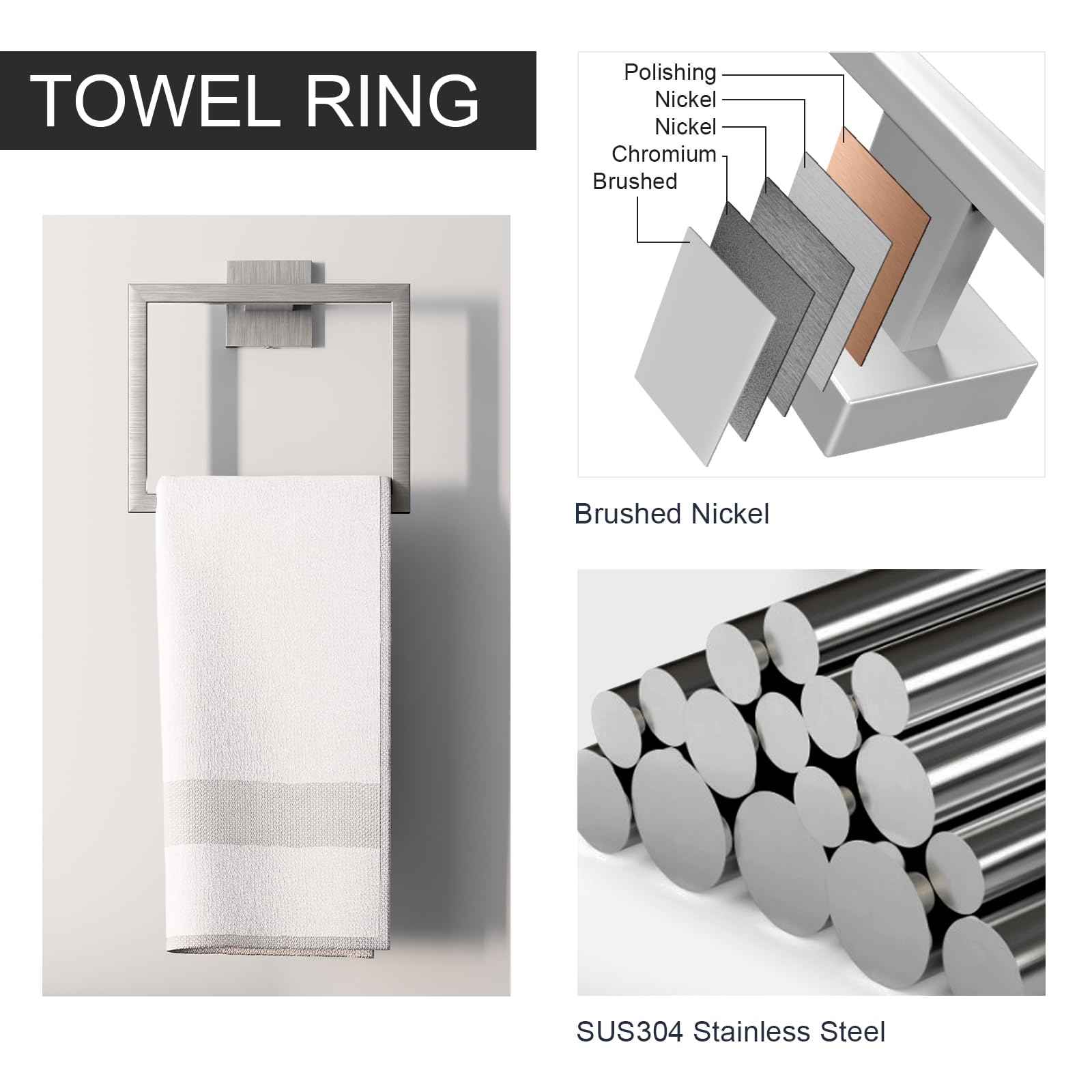 HAWKROWN 5-Pieces Bathroom Hardware Set, SUS304 Stainless Steel Wall Mounted 16 Inch Hand Towel Bar, Toilet Paper Holder, Towel Ring, Towel Hooks, Bathroom Towel Bar Set, Brushed Nickel