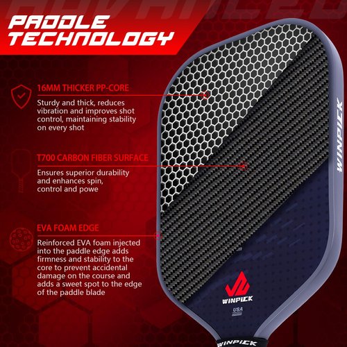 WINPICK Pickleball Paddle, T700 Carbon Fiber Surface Thermoformed Pickleball Paddles with Foam Injected Walls, PP Honeycomb Core, Stable Performance Control & Power Pickleball Racket, USAPA Approved