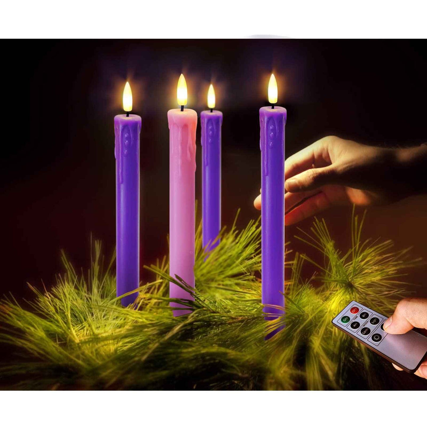 Abkshine Set of 4 LED Christmas Candle Lights, Battery Operated Taper Candles for Advent Wreath, 3 Purple 1 Rose Flickering Wax Flameless Candles for Holiday School Church Celebration