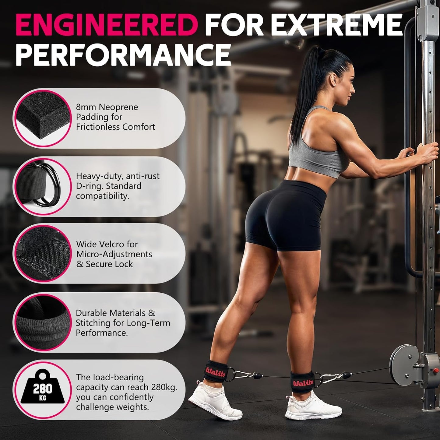 WALITO Gym Ankle Straps - Adjustable Cable Machine Accessories for Glute Kickbacks & Leg Workouts