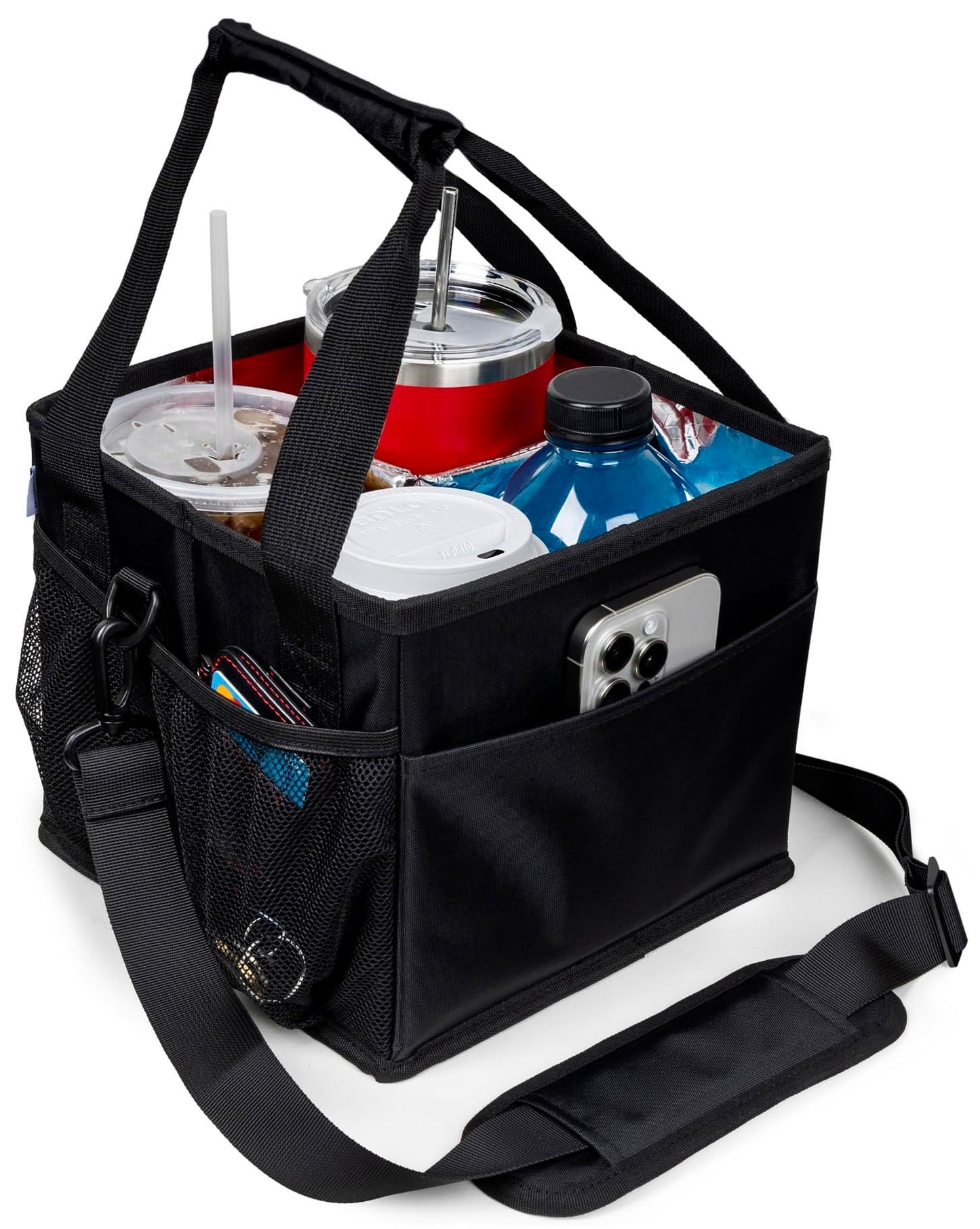 Savvy Lyfe Reusable Drink Carrier with Handle – Tip-Resistant 4 Cup Carrier with Shoulder Strap for Delivery – Insulated, Foldable, Adjustable Dividers – Portable Caddy Tote Bag, Drink Holder for Car