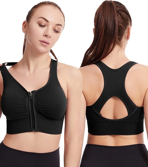 Fapreit Women's Sports Bra - Seamless Wire-Free Zip Front Closure for Post-Surgery Comfort | Padded Racerback Design