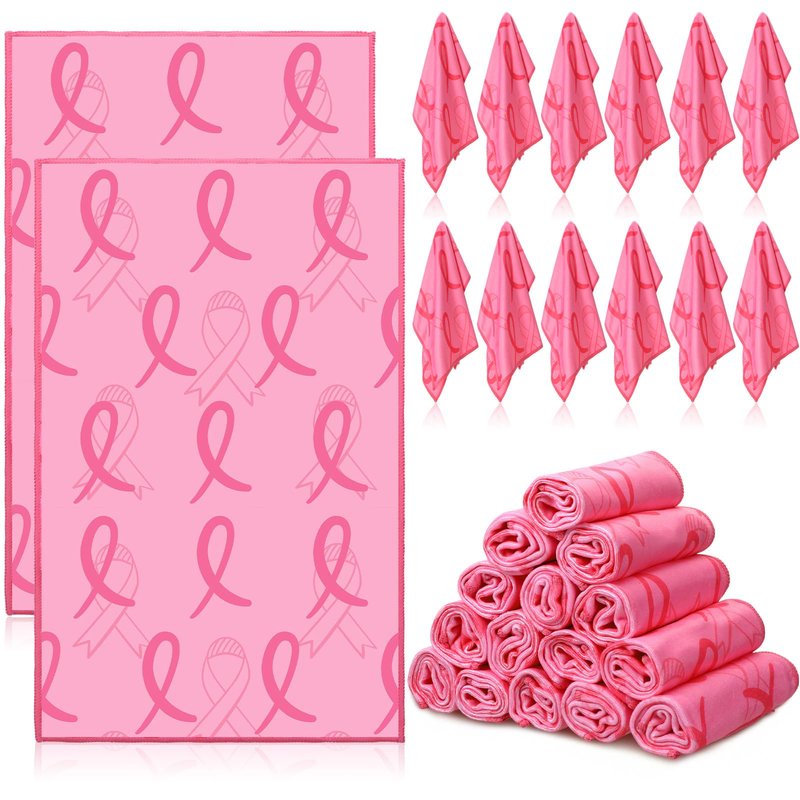 Tradder 24 Pcs Breast Cancer Awareness Towels Pink Ribbon Sports Towels 11.8 x 19.7 Inch Pink Out Cheer Accessory for Breast Cancer Procession Fundraising Cheerleading Golf Football Towel(Trendy)
