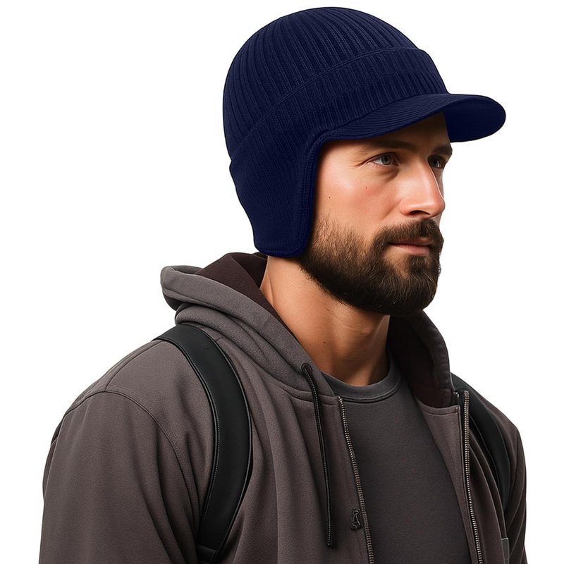 Simlakey 2 Pcs Winter Hats with Brim and Ear Flap Fleece Winter Beanie Hat Outdoor Warm Lined Knit Hat for Men Women(Black, Navy Blue)