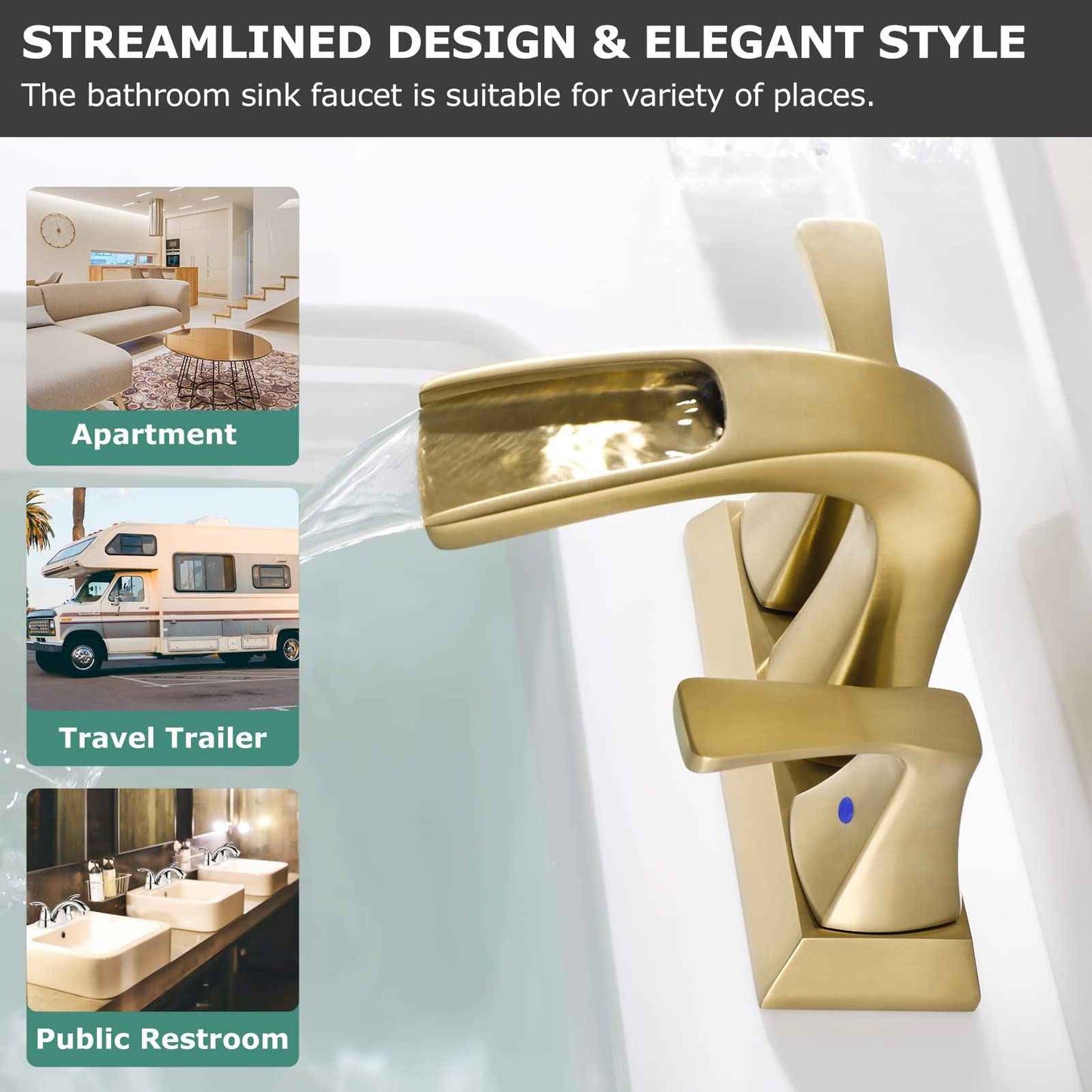 PARLOS 2 Handles Waterfall Bathroom Faucet with Metal Pop-up Drain and Faucet Supply Lines, Brushed Gold, Doris 1406808