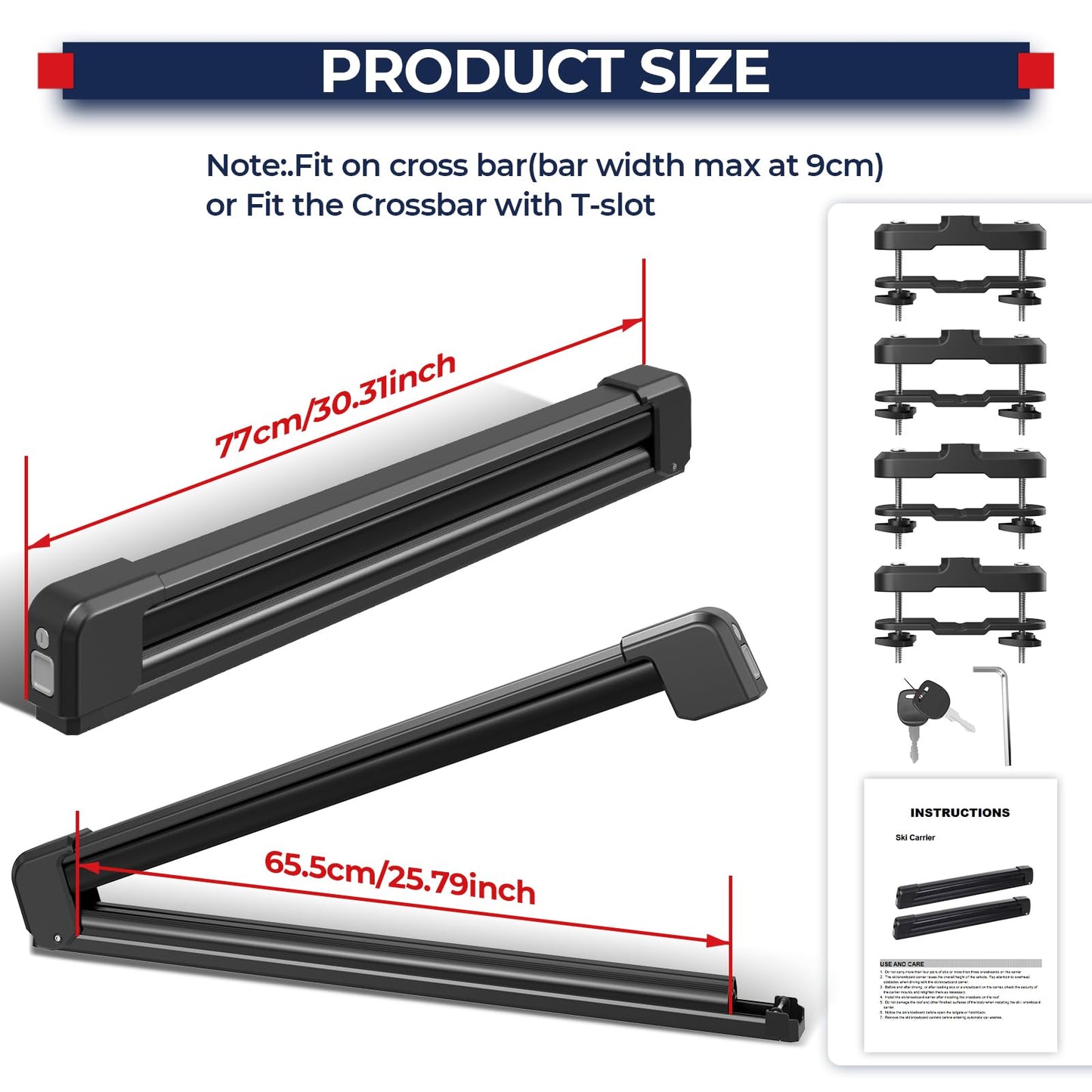 MOSTPLUS Lockable Ski Racks Snowboard Racks CrossBars Rack with Metal Lock and Rubber Padding,Fits 6 Pairs Skis or 4 Snowboards,Universal Fit for Vehicles,Aluminum 30"