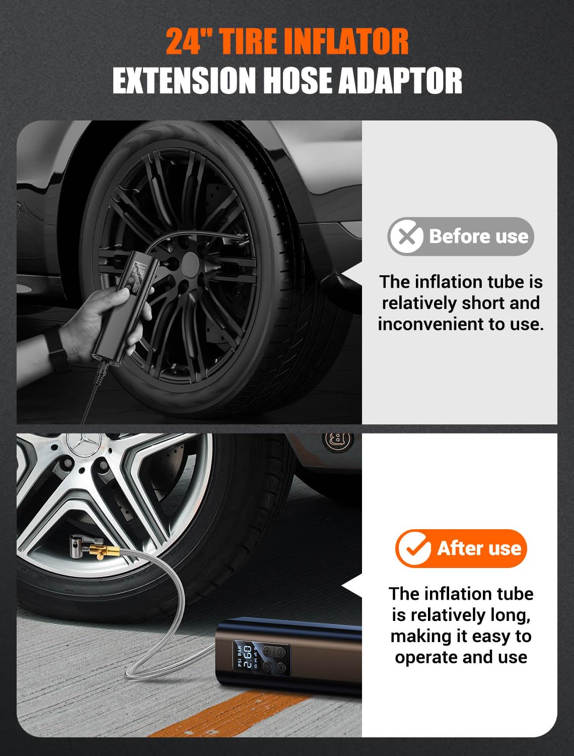 Quick Air Release Extention Replacement Hose for Portable Air Compressor, 1/4'' Thread Only Applicable to Certain Battery-Powered Portable Air Pumps. (24''/60cm)