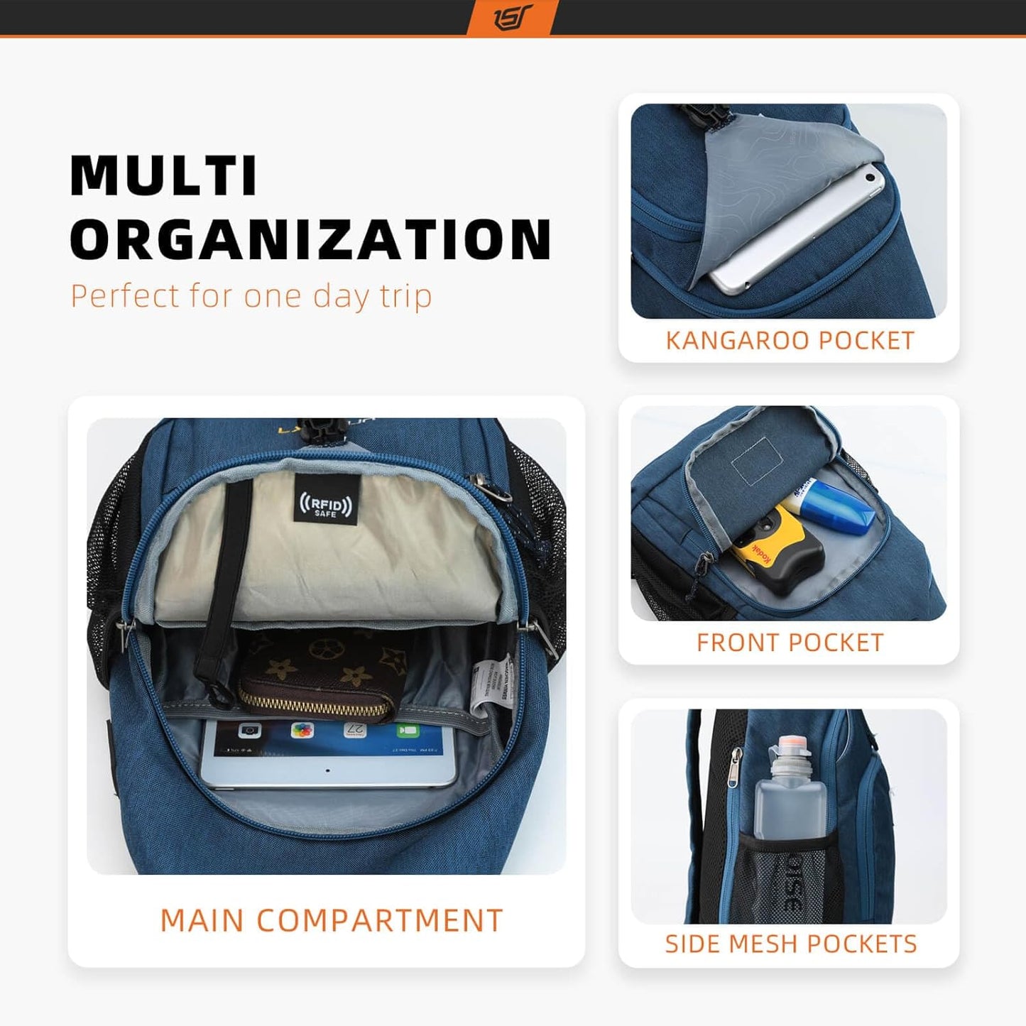SKYSPER Sling Bag - RFID Crossbody Backpack for Travel & Hiking - Unisex Daypack in Blue