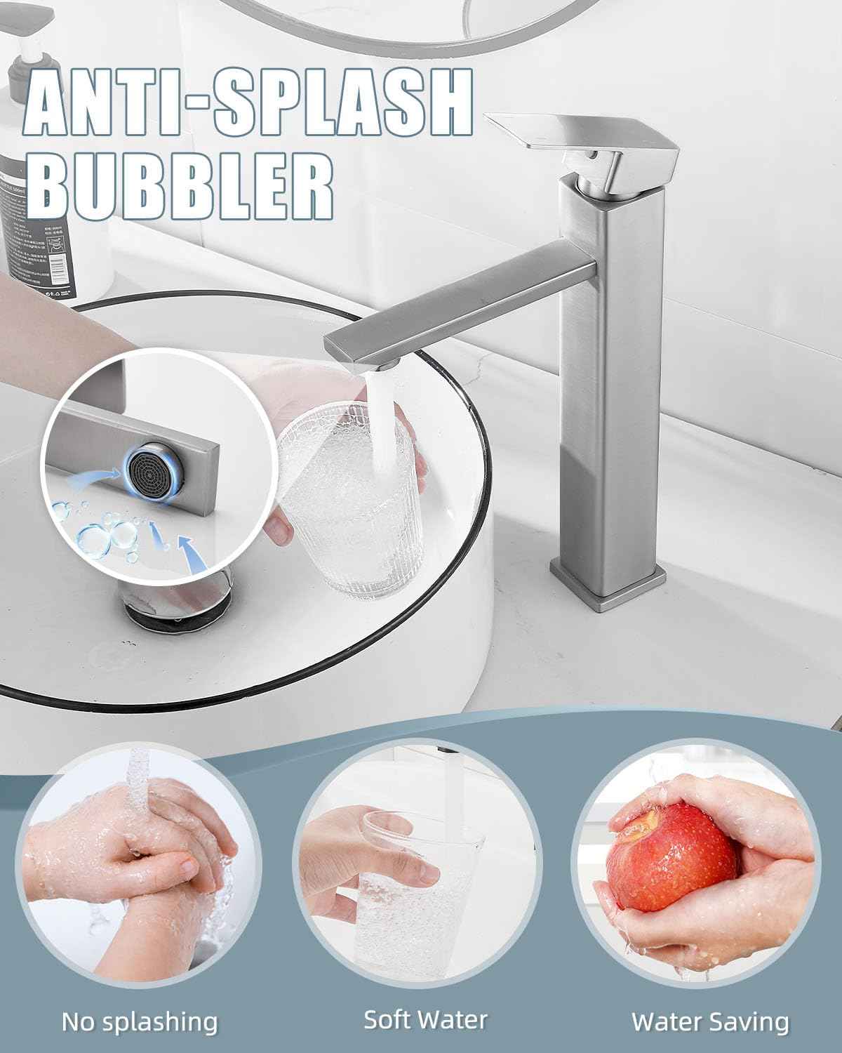 Casavilla Bathroom Faucet(2 Sets), Brushed Bathroom Sink Faucet Set with Pop Up Drain, Single Hole Single Handle High Barrel Sink Vanity, Stainless Steel Lead-Free