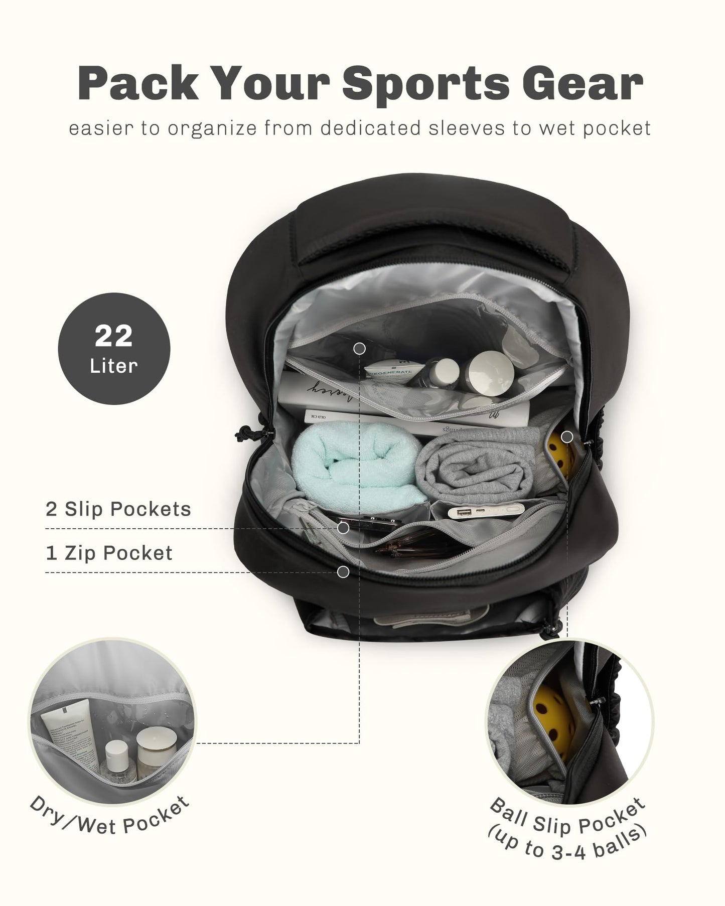 Hynes Eagle Pickleball Backpack Quilted Fits 2 Rackets with Wet Pocket Tennis Gym Backpack for Women Sport Daypack 22L Black