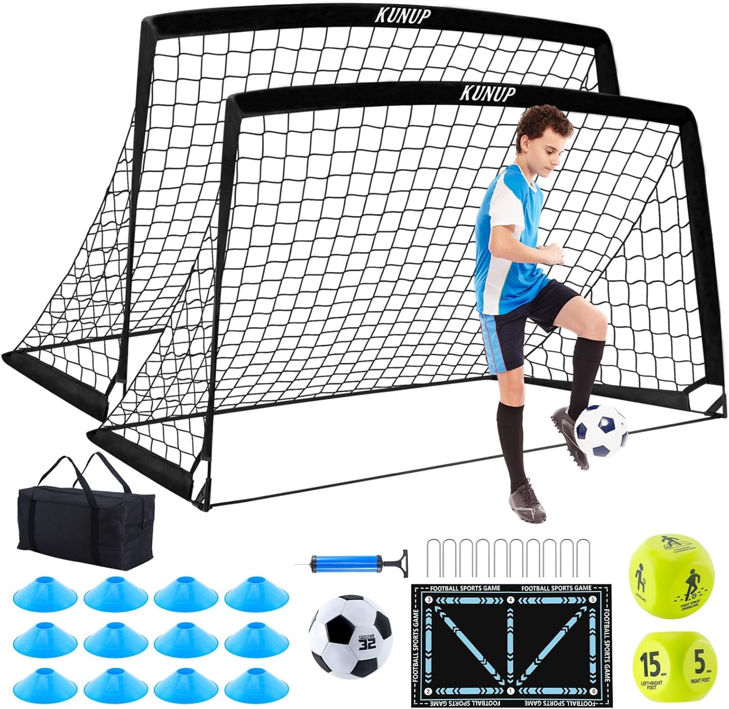 Skiennix Kids Soccer Goals - Portable Foldable Practice Nets with Training Equipment Set | Includes Ball, Cones & Carry Bag