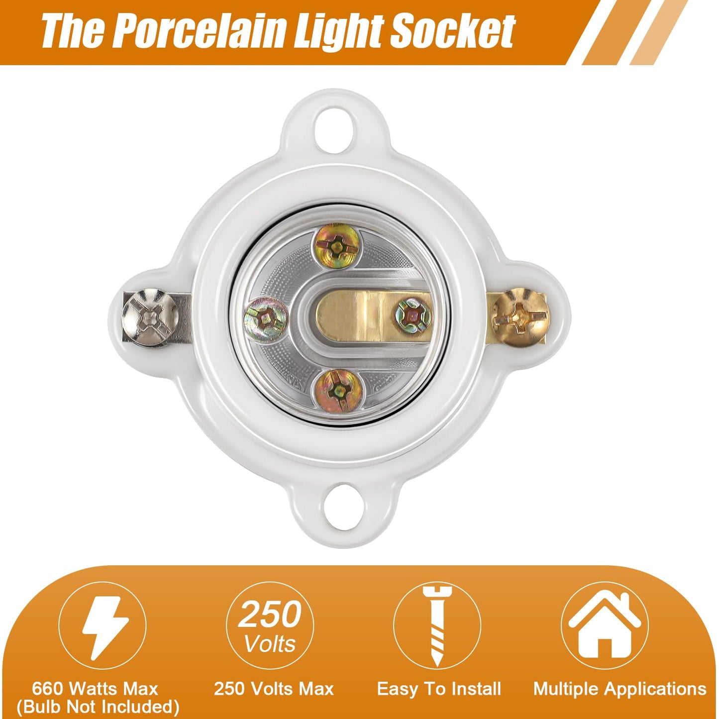 Saysurey 4 Pcs Porcelain Lamp Holder Socket E26/E27 Medium Keyless Threaded Socket with Two Hole Flanged Mounting 660W 250V Medium Base Lampholder Cleat Sockets for Indoor Garage Closet Lighting