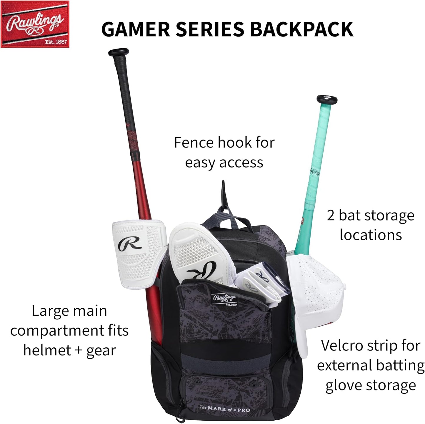 Rawlings Gamer Series Backpack - Durable Equipment Bag for Baseball & Softball | Multiple Colors