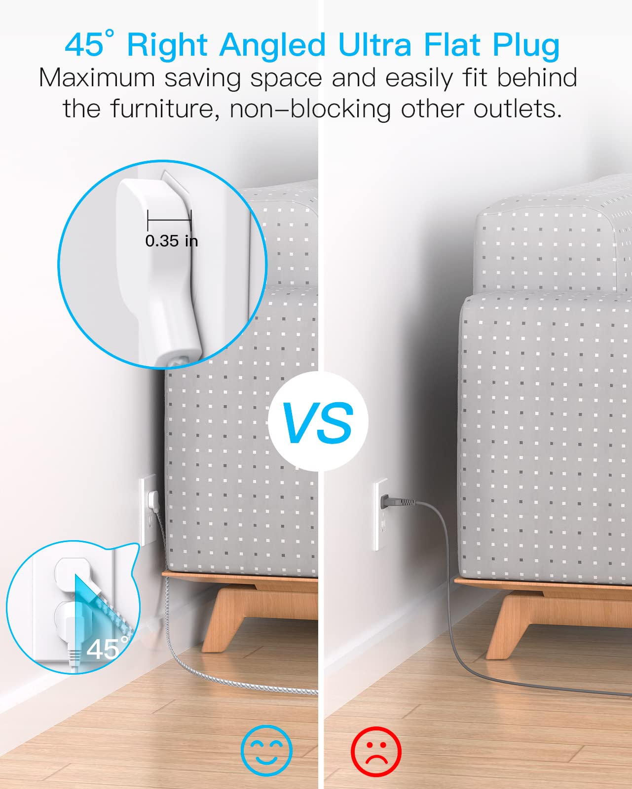 Flat Plug Power Strip, 6ft Flat Extension Cord - 3 Outlets 4 USB Ports (2 USB C) 22.5W/4.5A Desktop Charging Station, Power Strip with Surge Protection for College Dorm Room Travel Essentials