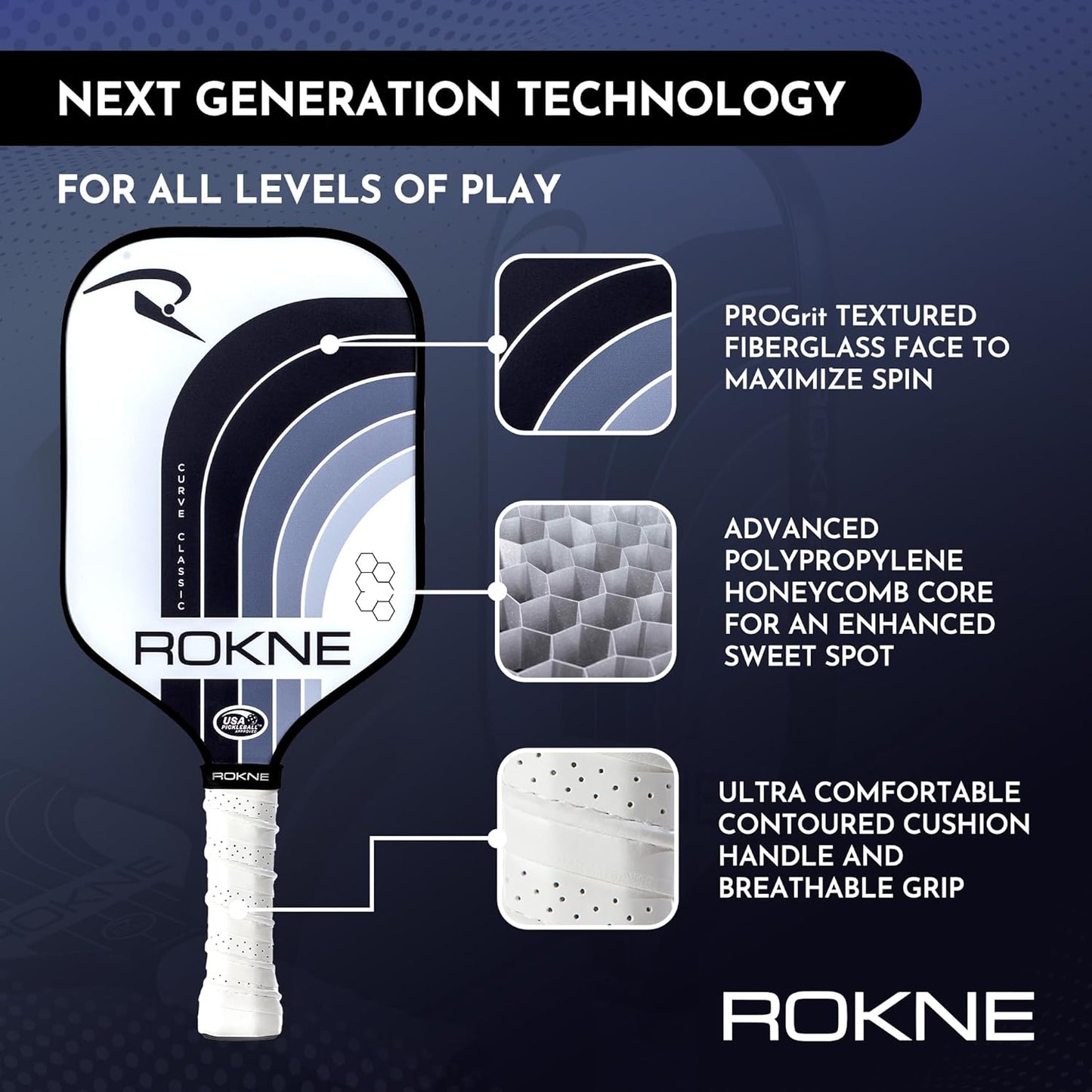 ROKNE Curve Classic Pickleball Paddle - USAPA Approved Fiberglass Design | Precision Engineering for Maximum Spin & Comfort