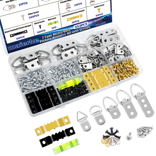 maierke 353PCS Picture Hanging Kit,Picture Hangers Heavy Duty Picture Hanging Hooks with Screws,Picture Frame Hooks Heavy Duty Picture Framing Supplies Kit for Picture Hanging(7 Types)