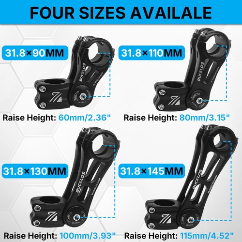 BUCKLOS Adjustable Bike Stem MTB 25.4mm 31.8mm 90/110/130/145mm 80 Degree Bike Stem Riser for Angle Adjustment, Bicycle Handlebar Extension for Commuter Bikes, E-Bike, Mountain, Road Bicycles