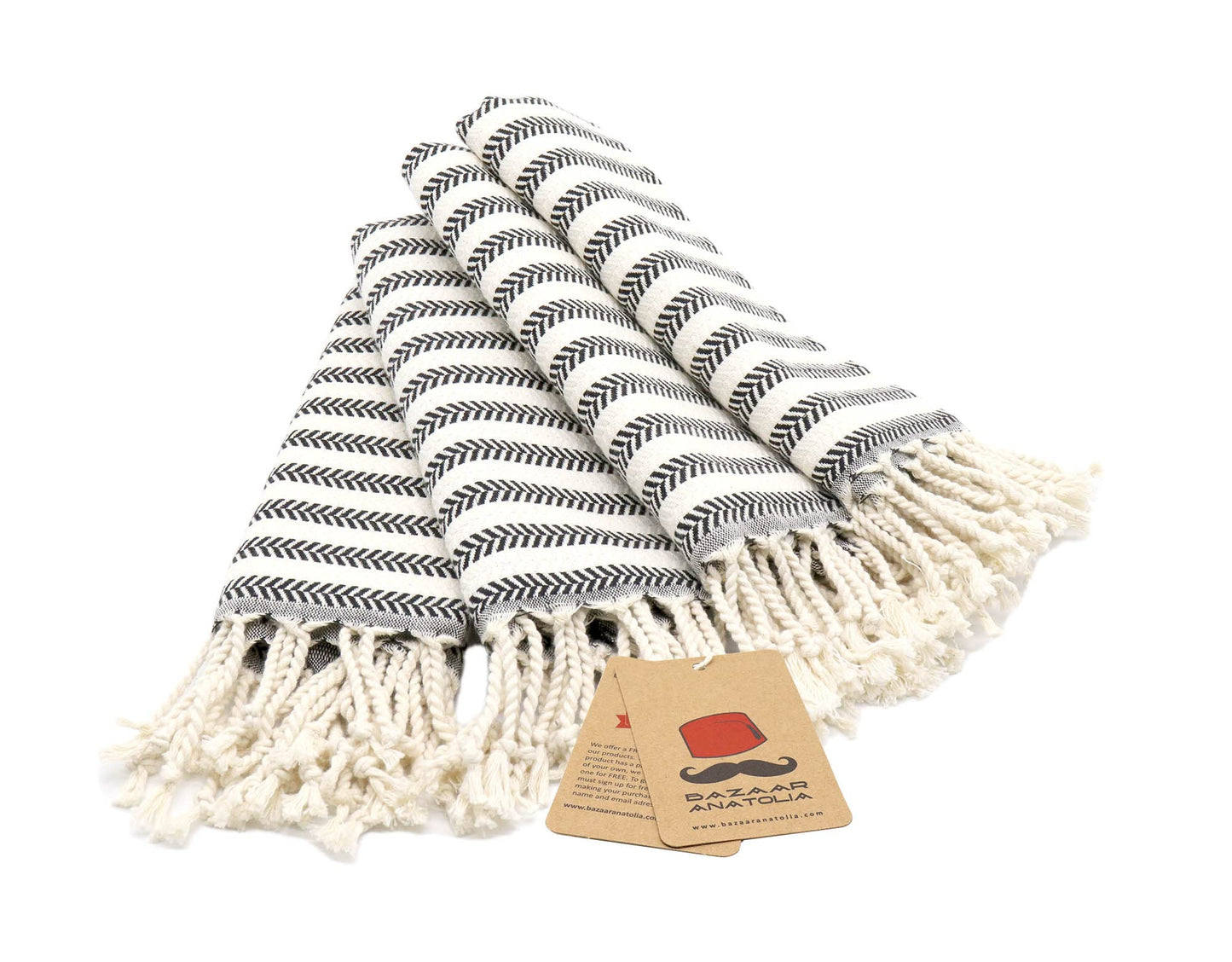 Bazaar Anatolia Hand Towels - Set of 4 | 39" x 19" - Striped Turkish Hand Towel for Bathroom, 100% Cotton, Kitchen, Face, Hair, Tea, Dishcloth, Striped Towels - Arpa Black