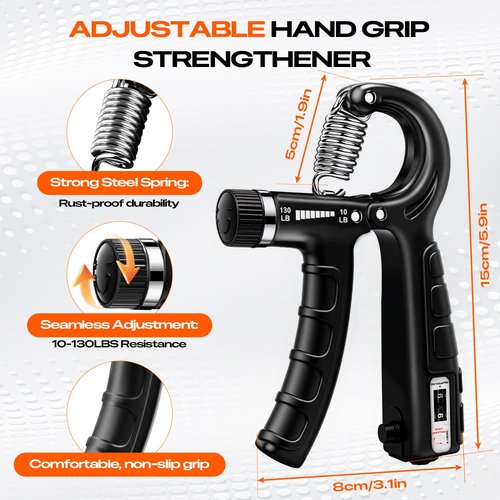 Grip Strength Trainer Kit (10-Pack): Adjustable Hand Gripper & Forearm Strengthener with Finger Stretcher, Ring, Stress Ball & 5 Bands for Muscle & Recovery.