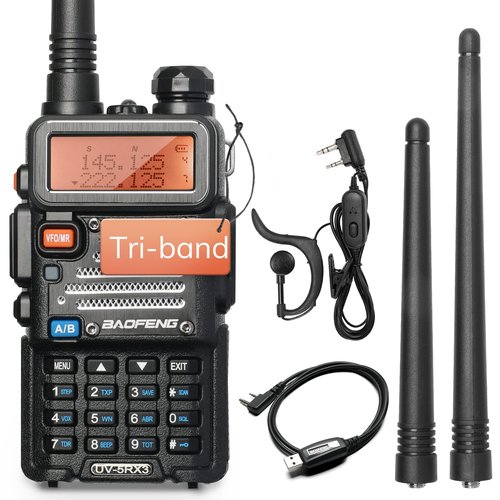 Baofeng x Radioddity UV-5RX3 Tri-Band Radio VHF, 1.25M, UHF Amateur Handheld Ham Two Way Radio Walkie Talkie with Earpiece and Programming Cable