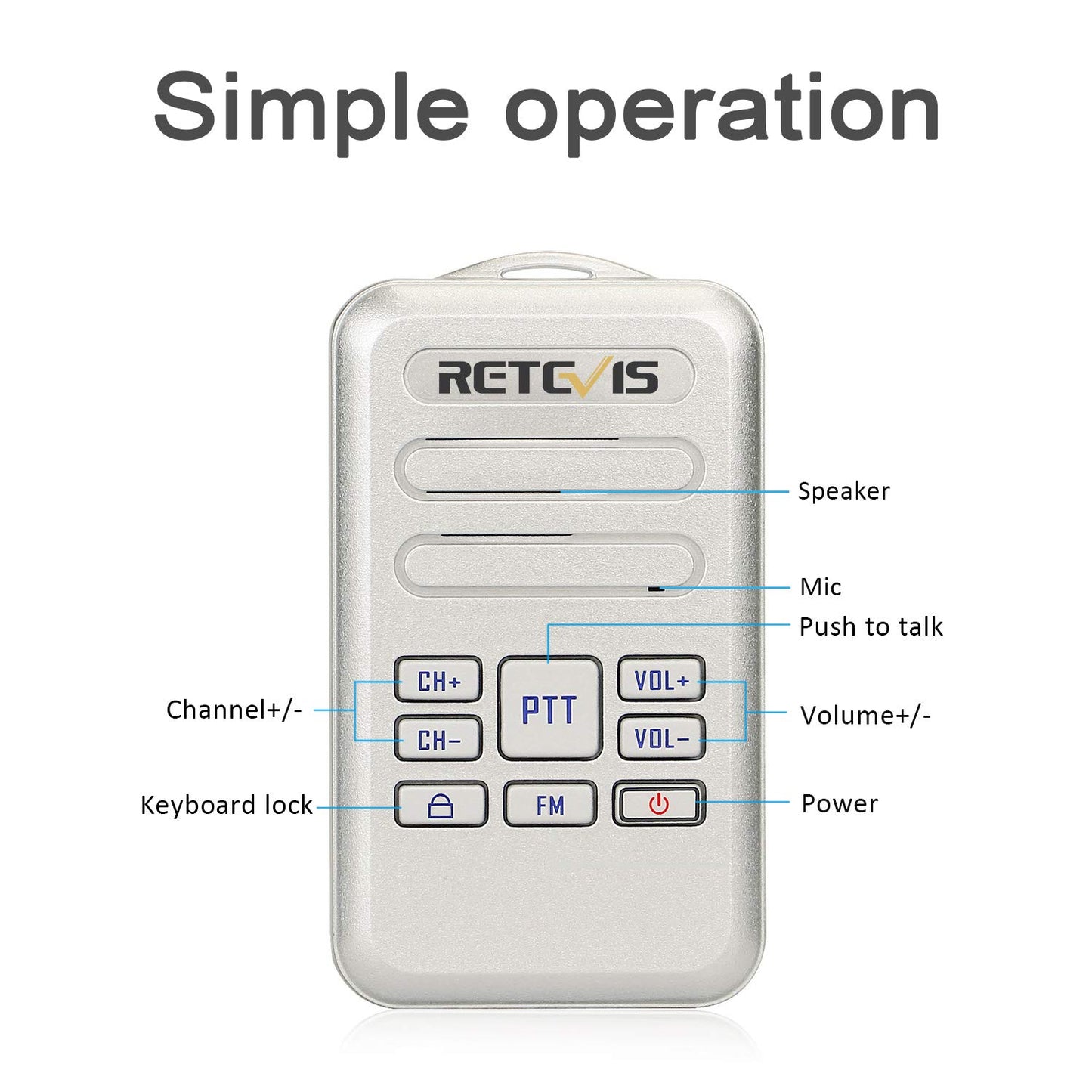 Retevis RT20 Mini Walkies Talkies for Adults, 16 Channel, FM, Small Two Way Radio Hands Free Lightweight with Lanyard(Silver,1 Pack)