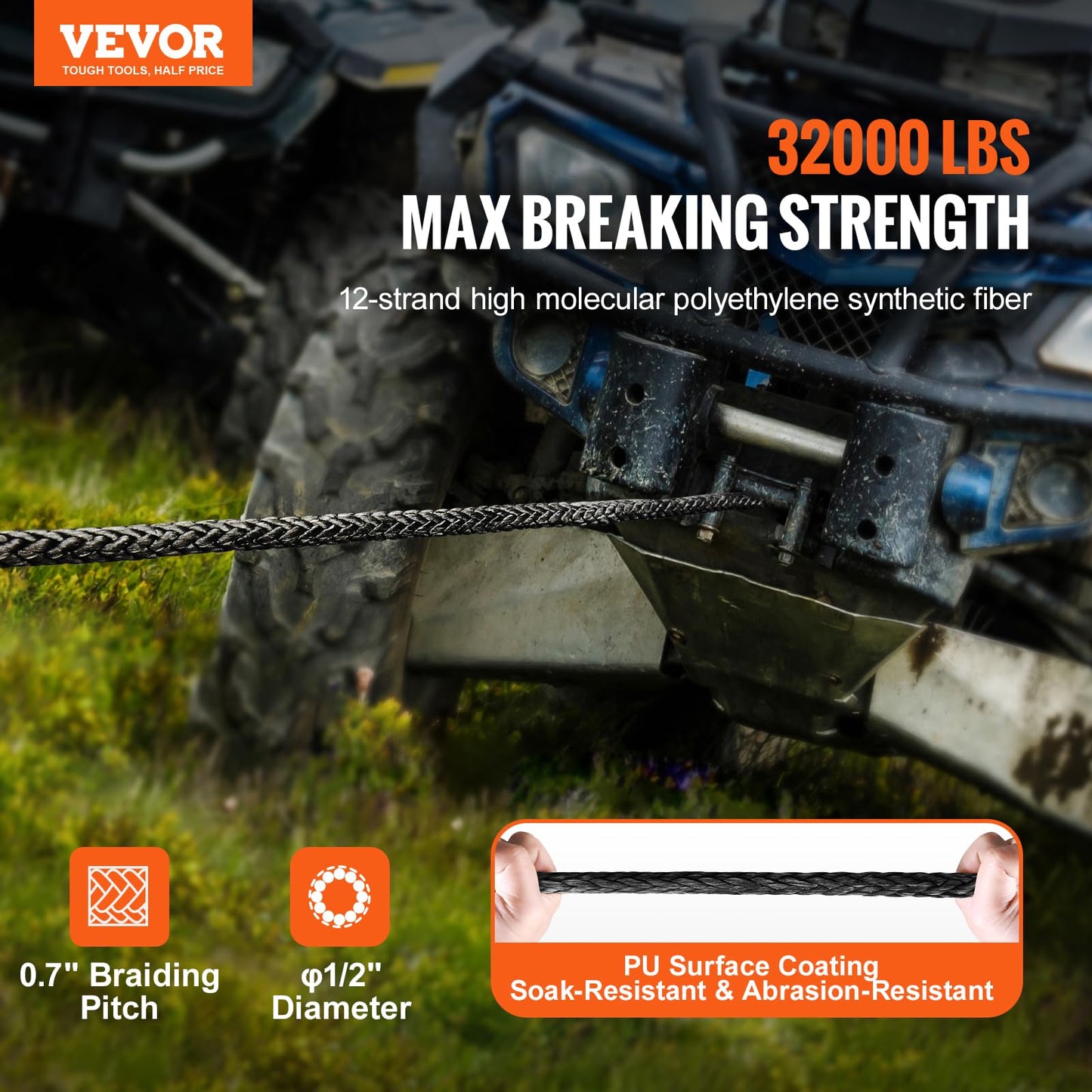 VEVOR Synthetic Winch Rope, 1/2 Inch x 92 Feet 32,000 lbs Synthetic Winch Line Cable Rope with Protective Sleeve + Forged Winch Hook + Pull Strap, Universal Fit for SUV, Large Off-Road Vehicle, Truck