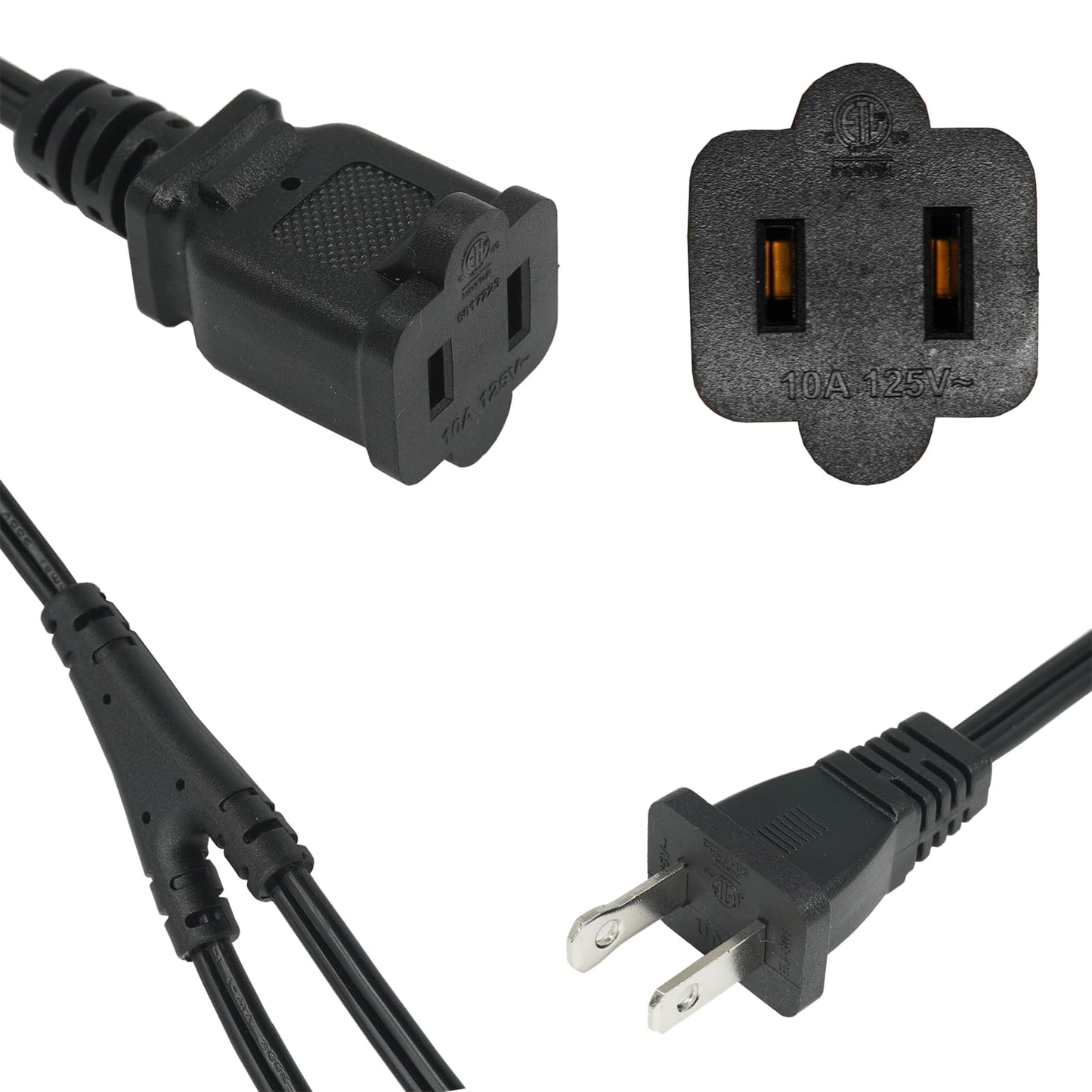 2 Prong 1 to 2 Extension Cord, 2 Way Indoor Power Cable Outlet Saver Splitter, Male to Female Y Splitter, 18 Gauge Wire, 10 A 125 V 1.5 Feet Black
