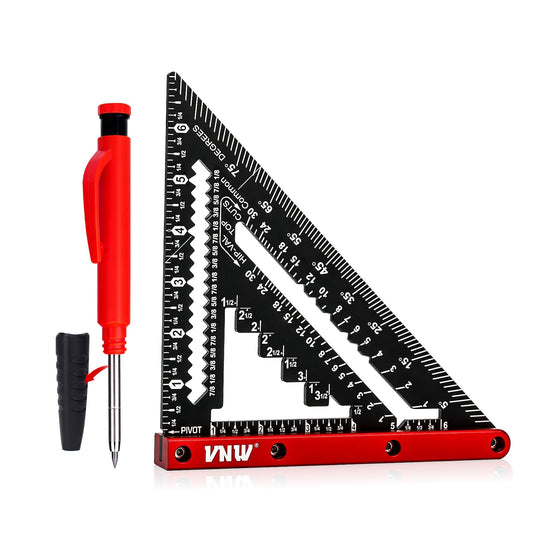 VNW 7inch Rafter Square with Carpenter Pencil, 1/8" Precision Heavy Duty Aluminum Woodworking Rule,Triangle Ruler Measuring Layout Tool (Black, Rafter Square)