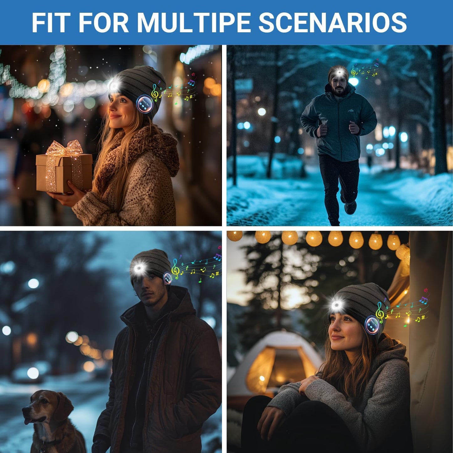 Rotibox Bluetooth Beanie with Light, Hat Wireless Headphone for Outdoor Sports Xmas Gifts Stocking Stuffers for Men, Women, Teens-Black/Drak Gray