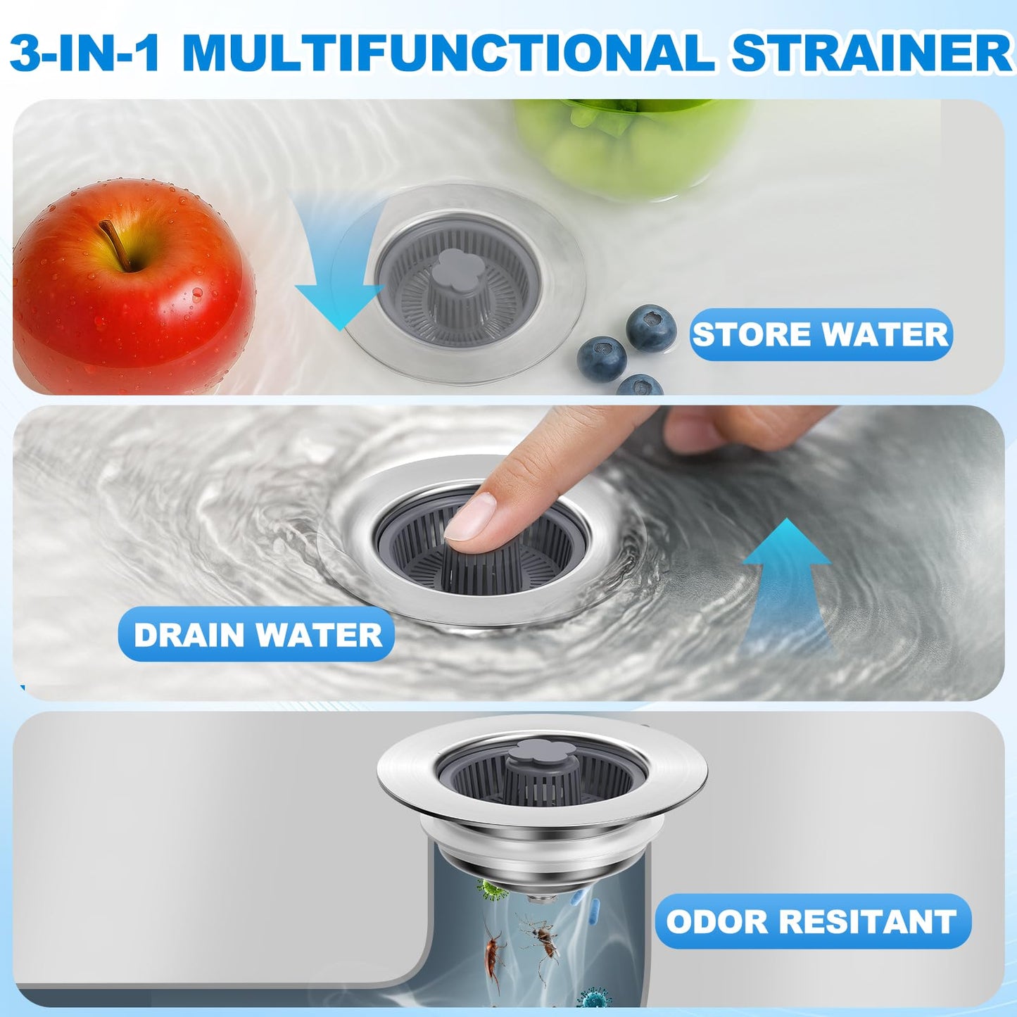 Universal 3 in 1 Kitchen Sink Drain Strainer Kit, SUS304 Stainless Steel Pop-up Kitchen Drain Stopper with Strainer Basket, Fast Drainage Kitchen Sink Plug for Standard 3-1/2 Inch Drain, Silver