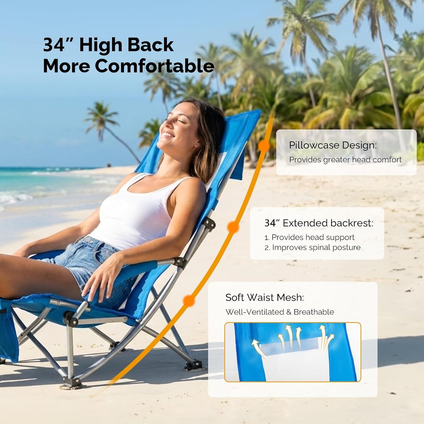 VINGLI Low Beach Chairs - High Back Portable Folding Chairs with Carry Bag | 2-Pack for Camping & Picnics