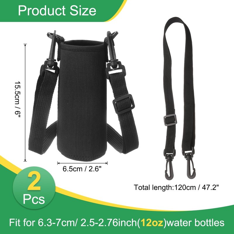 uxcell 2pcs Neoprene Water Bottle Sleeve with Strap, 12 oz Insulated Water Glass Bottle Carrier Bag Collapsible Drink Bottle Sleeve Cover Holder with Handle, Black