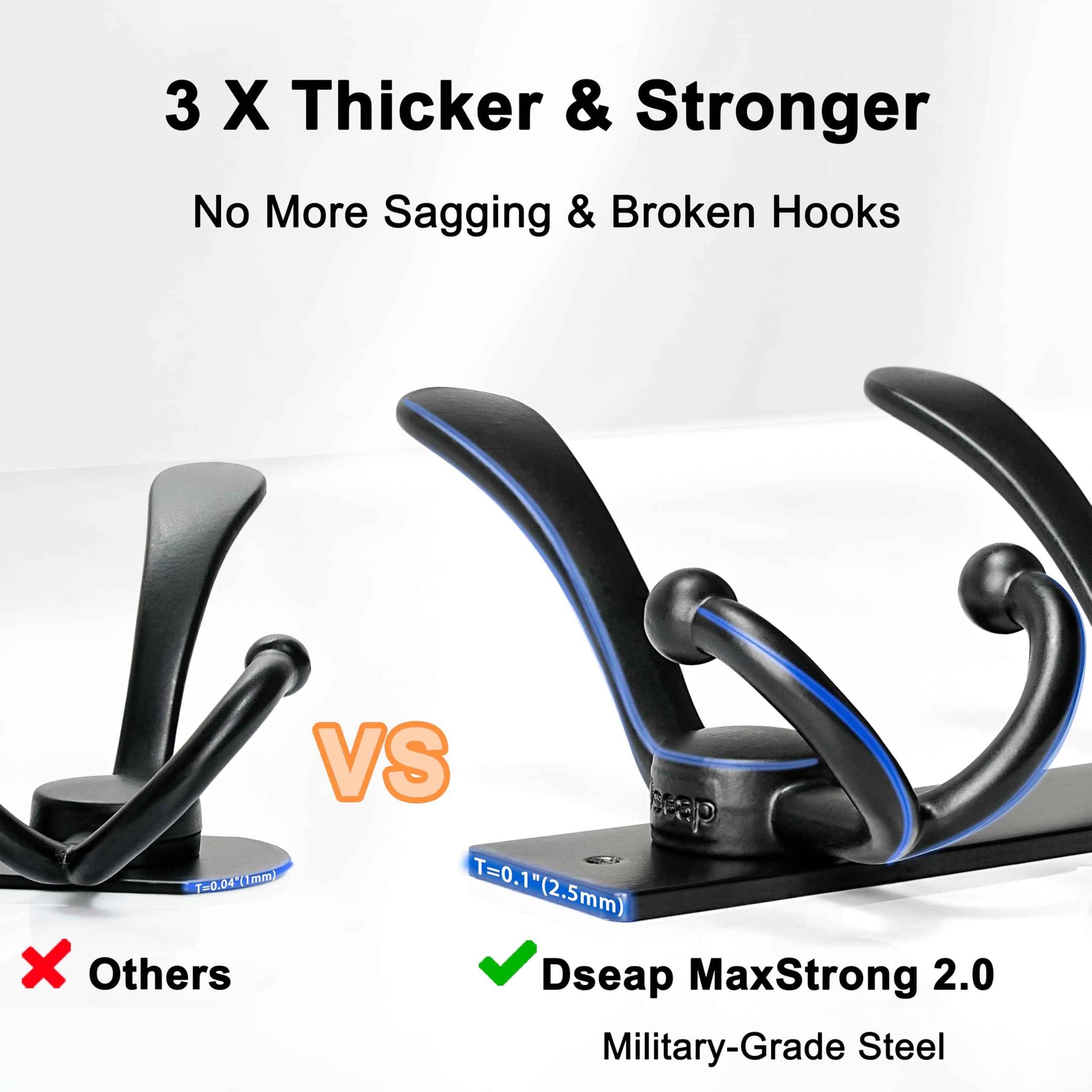 Dseap Coat Rack Wall Mount 2.0 Pro: Heavy Duty 300% Thicker, 16" Stud Mount, Stainless Steel Wall Coat Hooks Hanger for Clothes Jackets Hats Entryway Closet, MaxStrong Series, Black