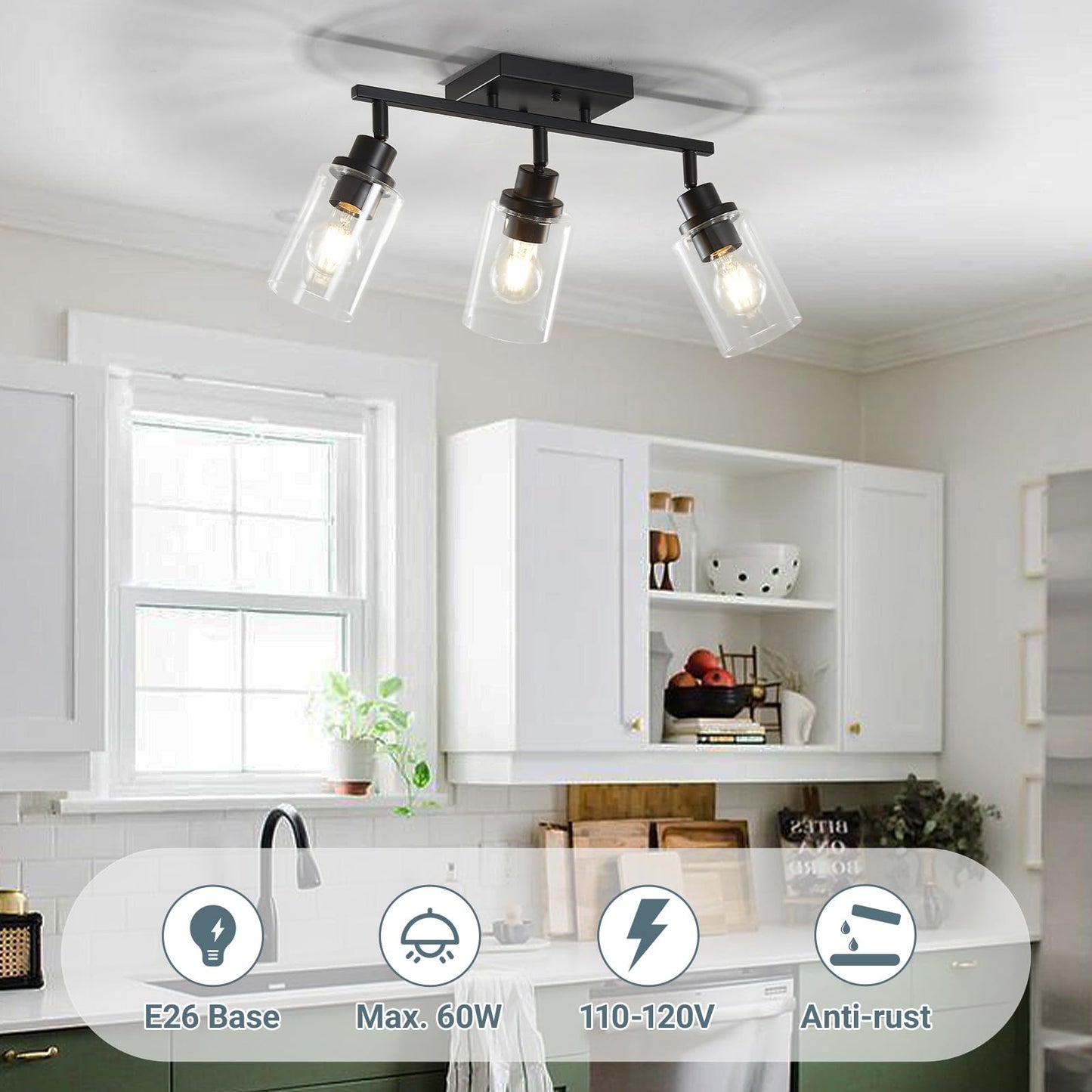 LOUSACE 3 Light Kitchen Track Light Fixtures Ceiling Vanity Lights Black, Bathroom Track Lighting Kit w/Rotatable Heads & Clear Glass Shade, Modern Wall Ceiling Tracking Light for Accent Shop Hallway